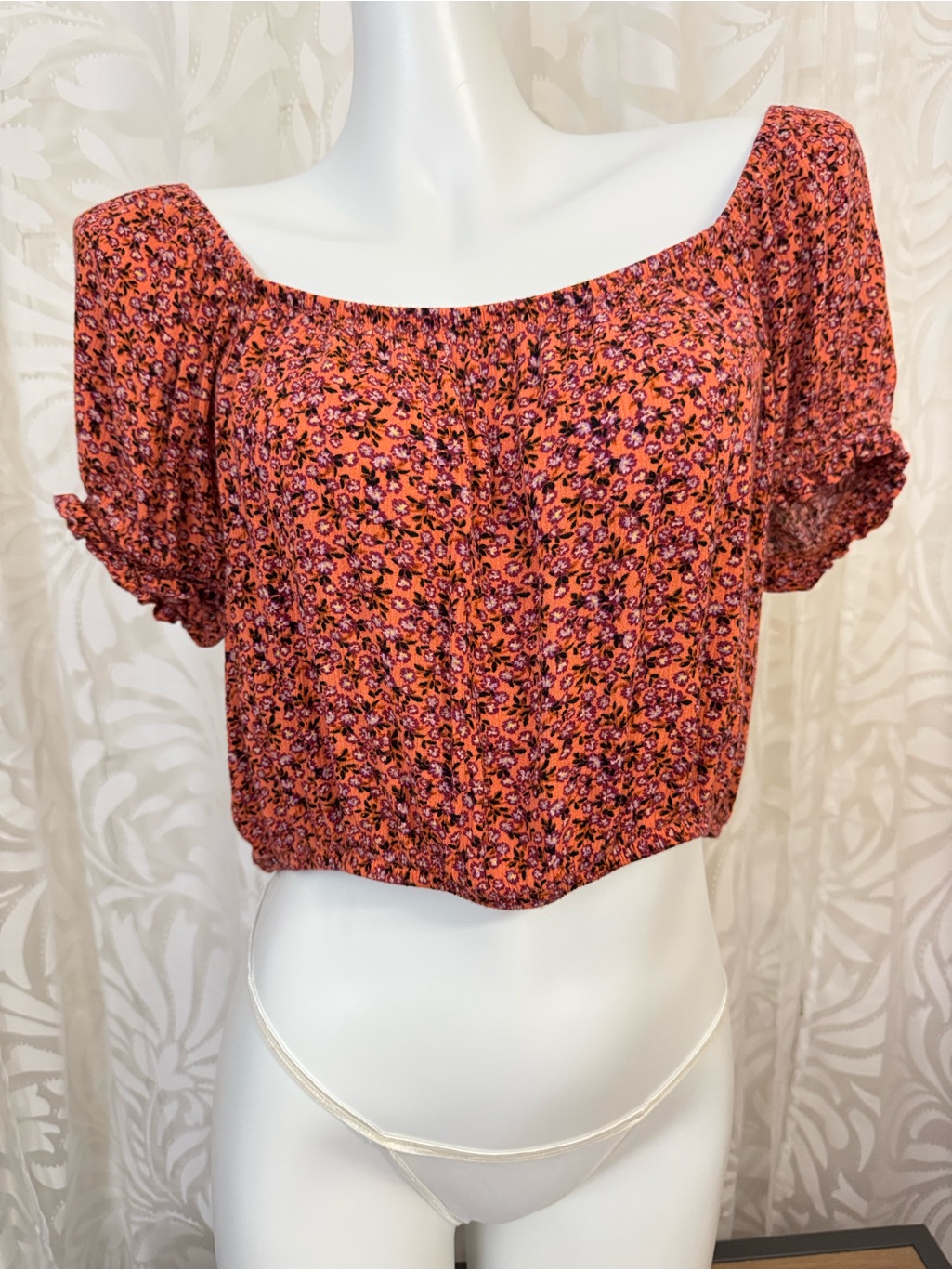 Sky And Sparrow Rust And Lavender Floral Crop Top With Ruffle Sleeves